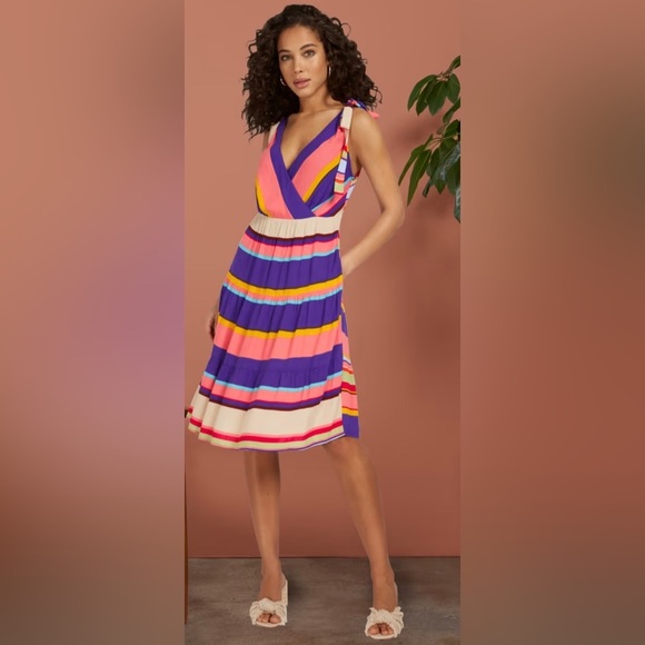 New York & Co. Stripe Tiered Dress w/Shoulder Ties Color Purple MardiGras Size L - Picture 1 of 5